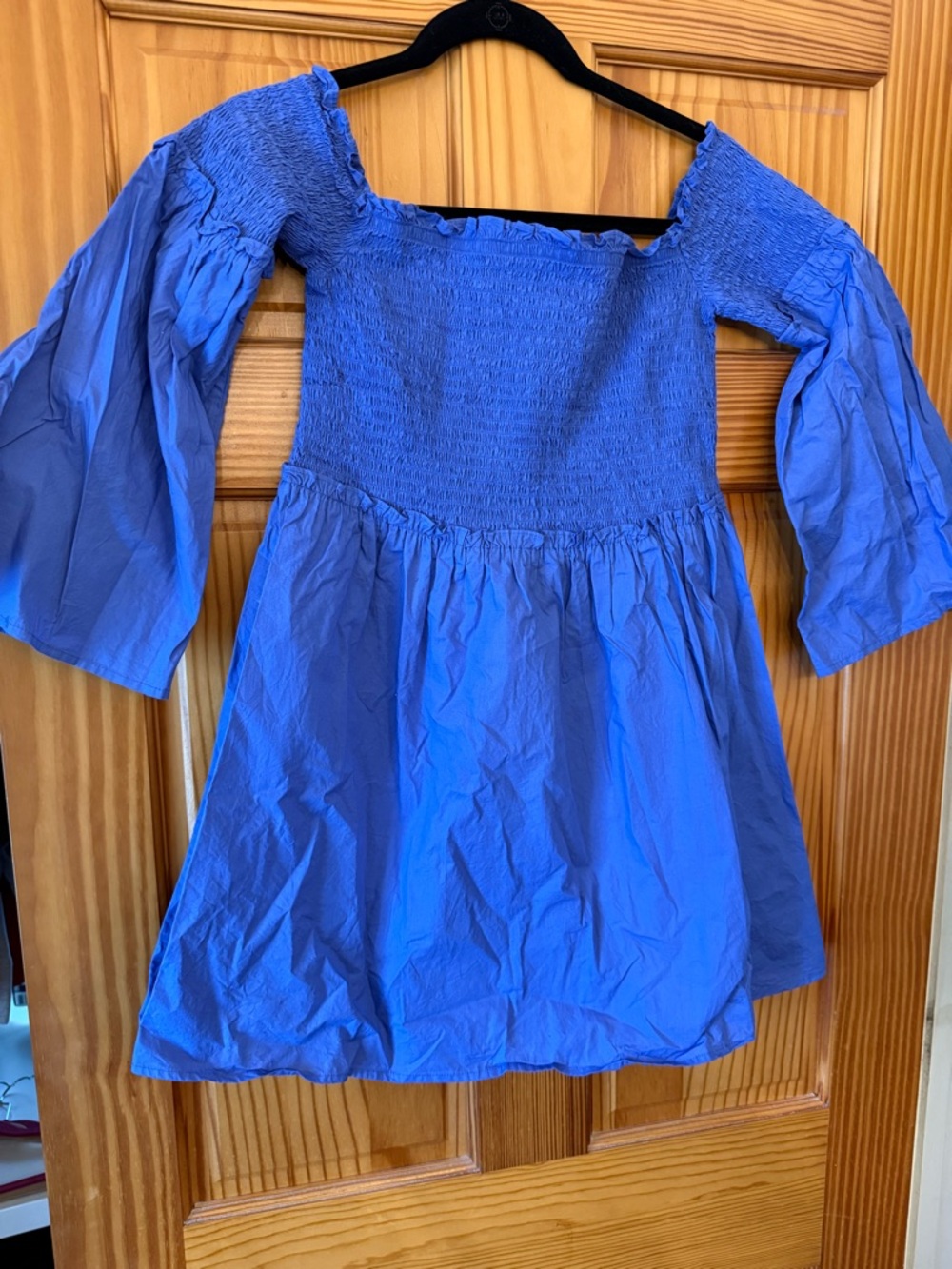 French Connection Vibrant Blue Smocked Off-Shoulder Long Sleeve Dress